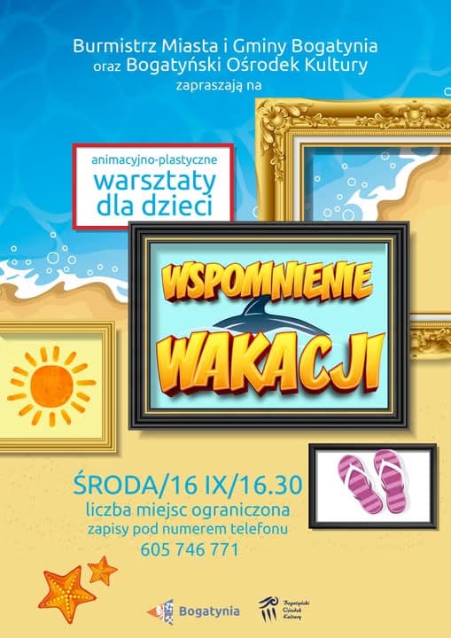 Event flyer for children's art workshops in Bogatynia titled Memories of Vacation.