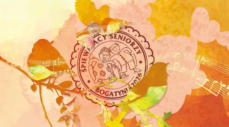 An autumnal graphic with musical notes and a seal featuring an elderly couple dancing.