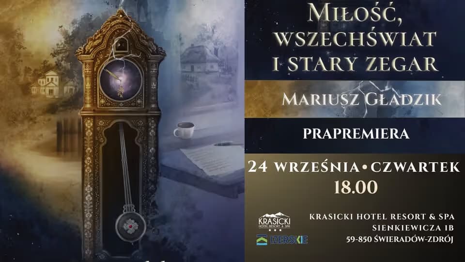 A tall antique grandfather clock stands next to text promoting an event in a hotel.