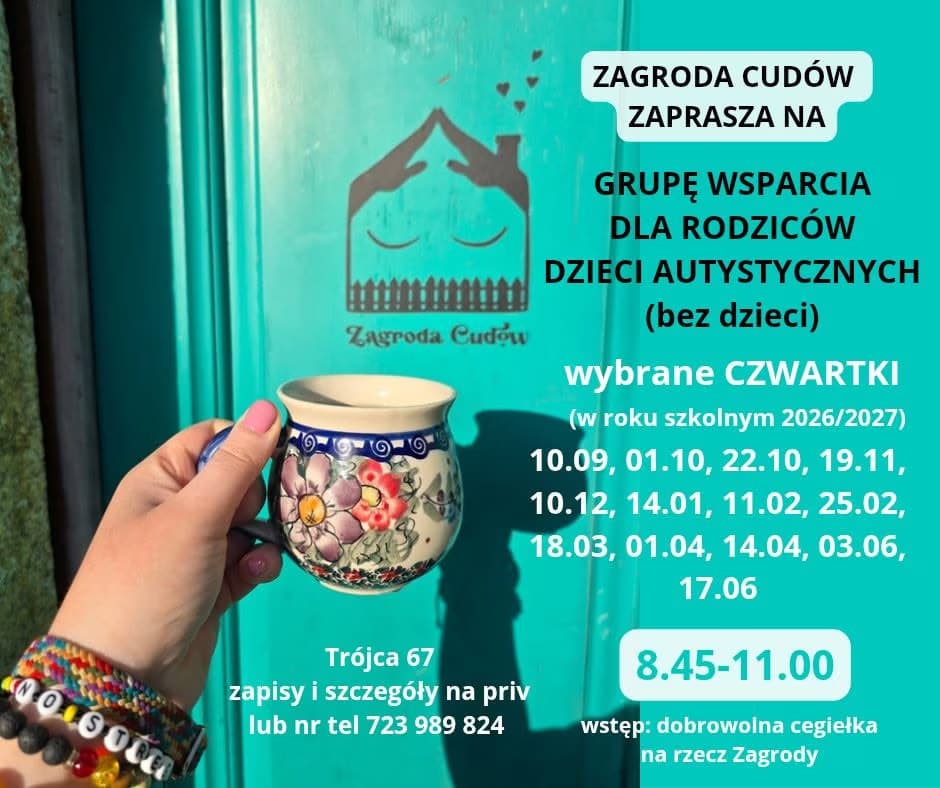 A hand holding a flowery ceramic mug against a turquoise background with printed event information.