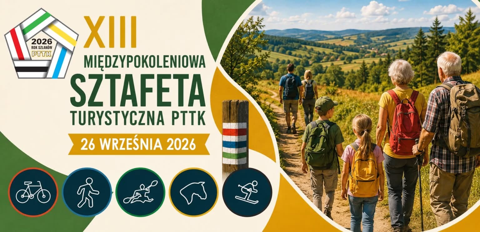 A multi-generational group hikes along a sunny mountain trail, with event details and icons to the left.