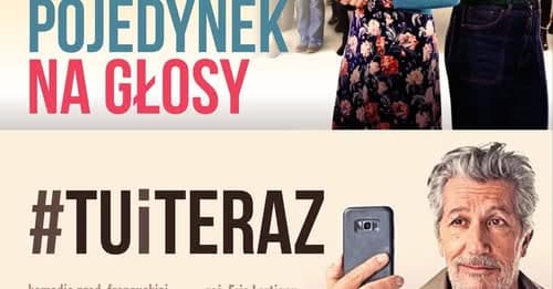 A movie poster for Pojedynek na głosy features text and a close-up of an older man's face.