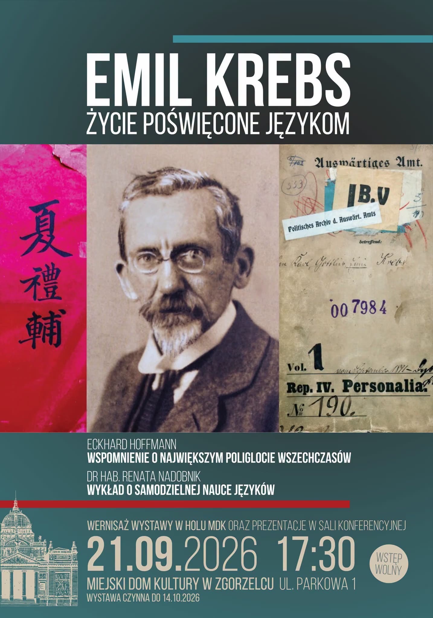 A poster featuring a portrait of Emil Krebs, archival documents, and event details in Polish.