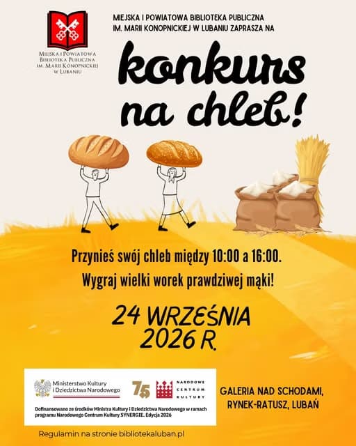A poster announces a bread competition in Lubań with illustrations of people carrying bread loaves.