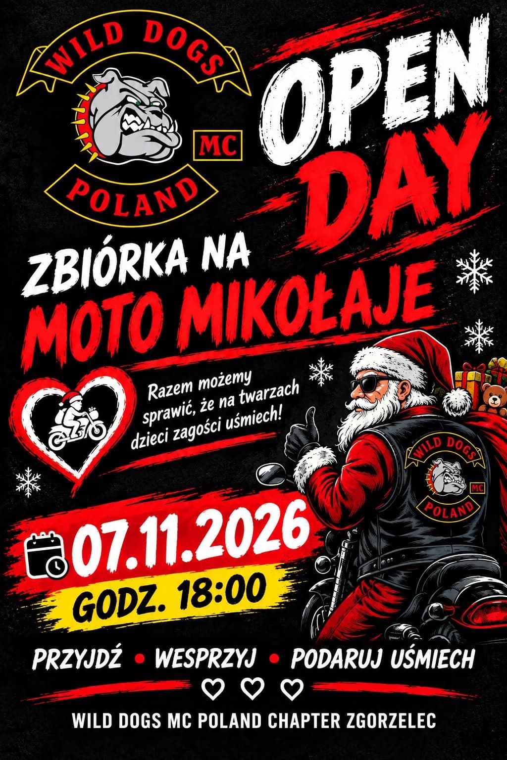 A promotional poster features Santa Claus on a motorcycle for a Wild Dogs MC charity event.