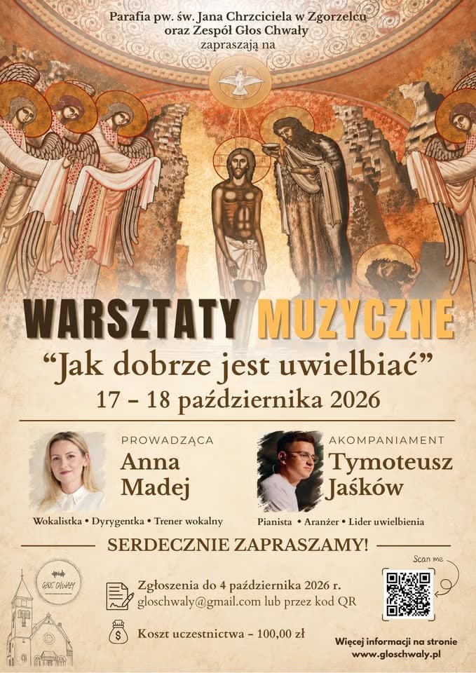 Religious poster announces musical workshop with event details and portraits of the two leaders.