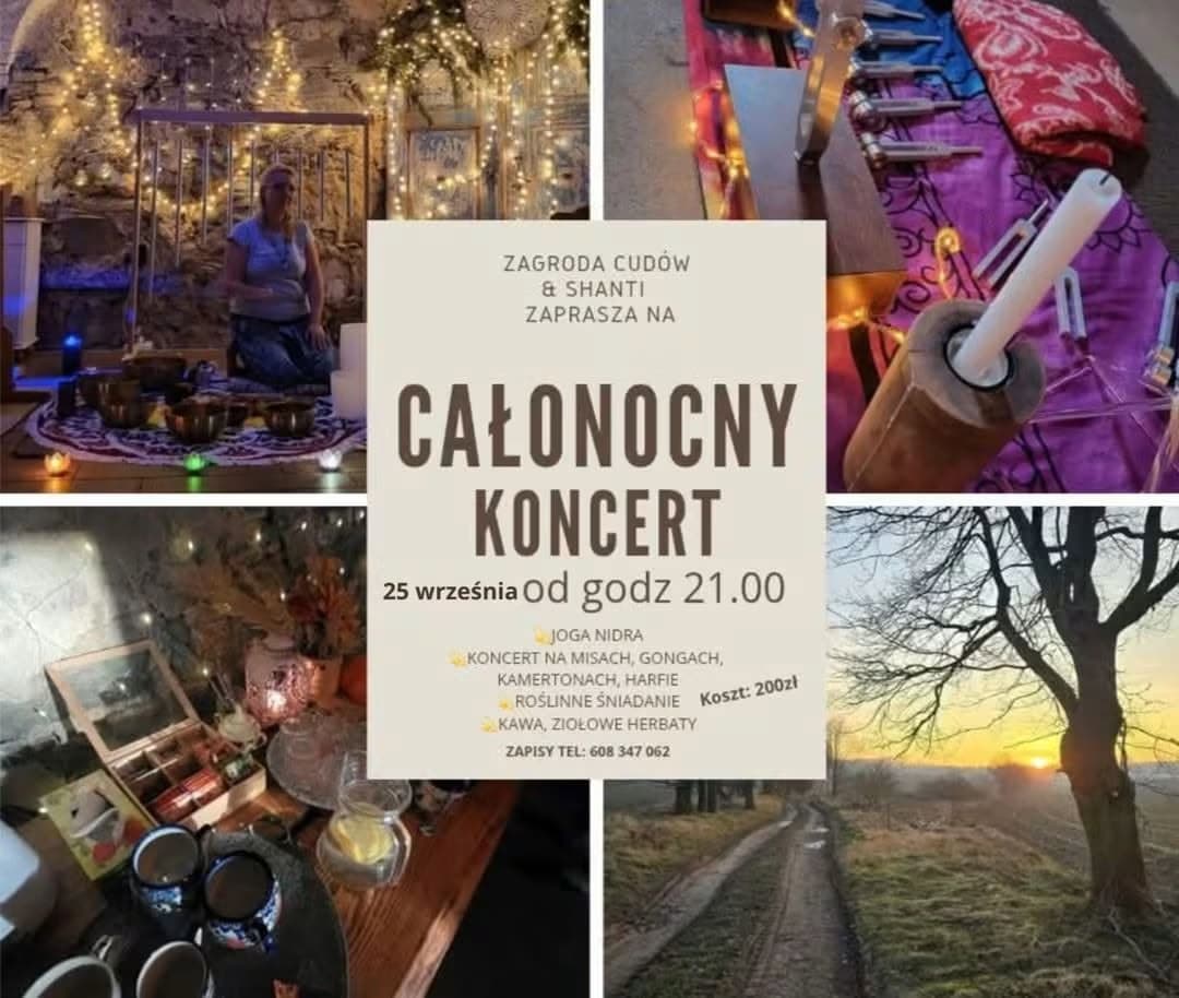 A collage showing a yoga studio and sunset landscape with an event announcement in the center.