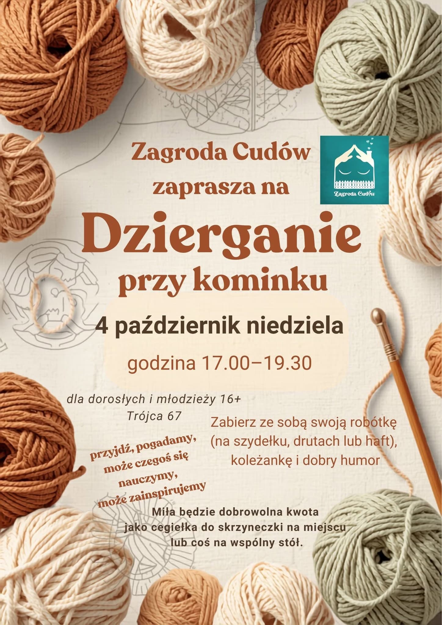 Many balls of colored yarn surround a central invitation for a knitting event.