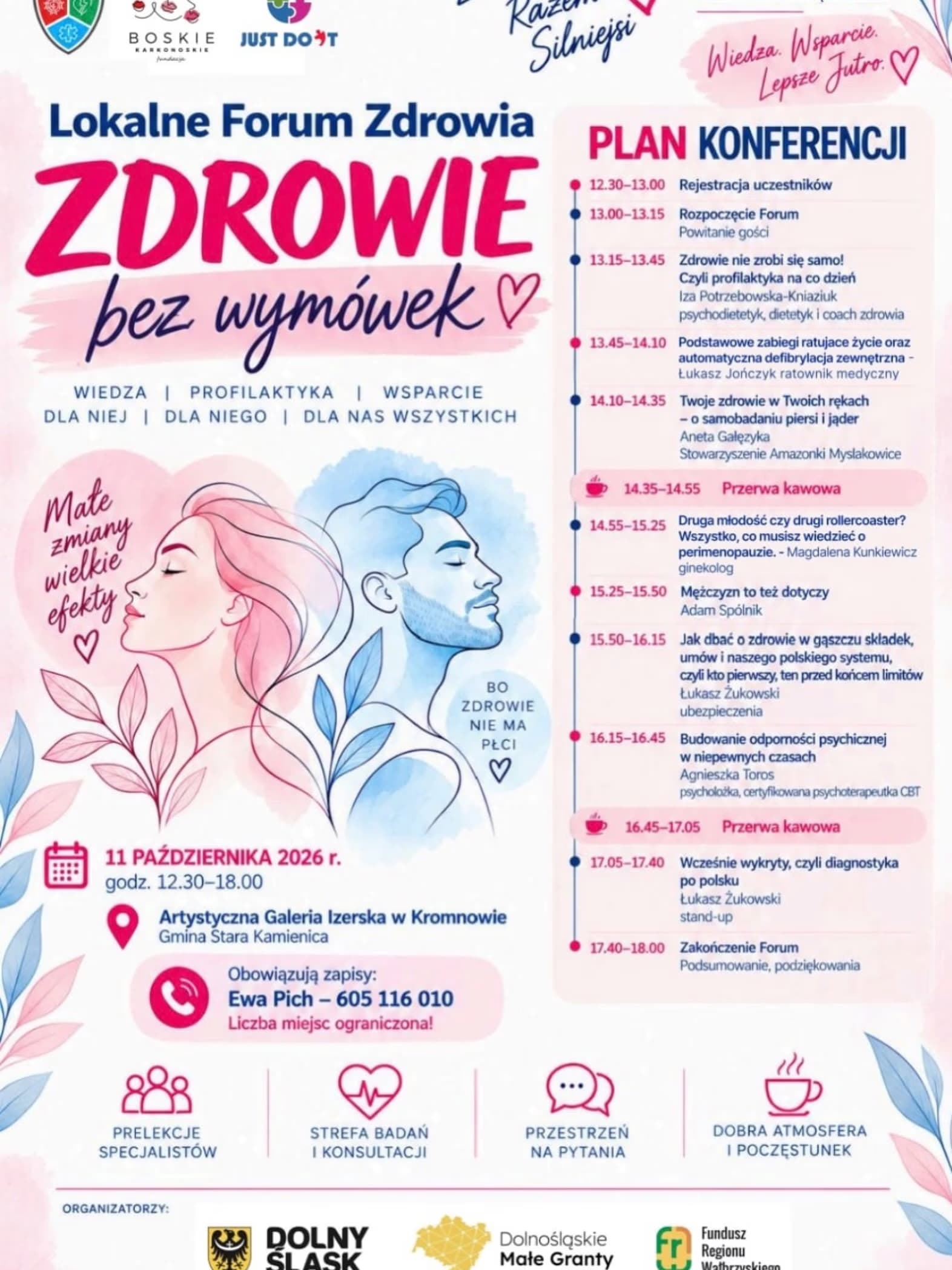 Plakát na lokální zdravotní fórum s ilustracemi muže a ženy na růžovém pozadí s textovým programem.