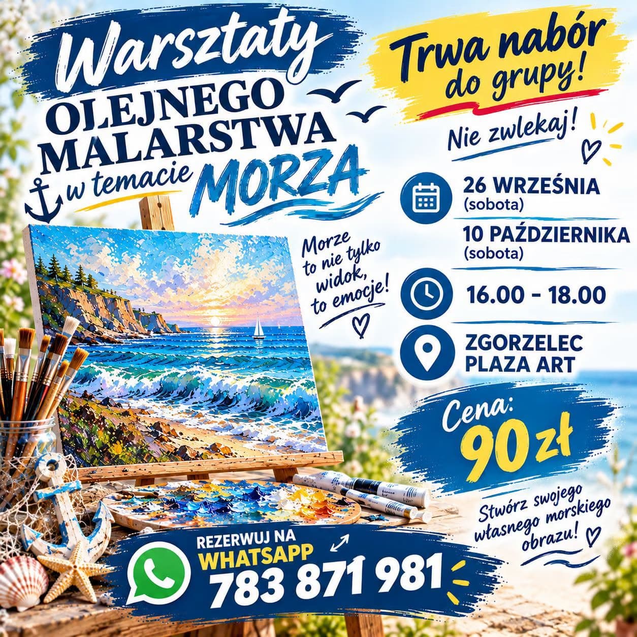 An event poster for oil painting workshops depicting a seaside scene on an easel with brushes.
