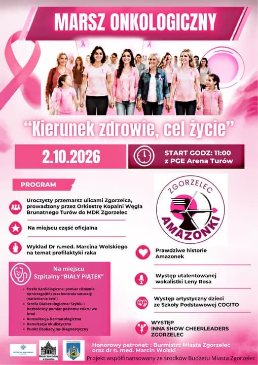 Ein rosa gestaltetes Plakat, das für einen onkologischen Marsch in Zgorzelec am 2. Oktober 2026 wirbt.