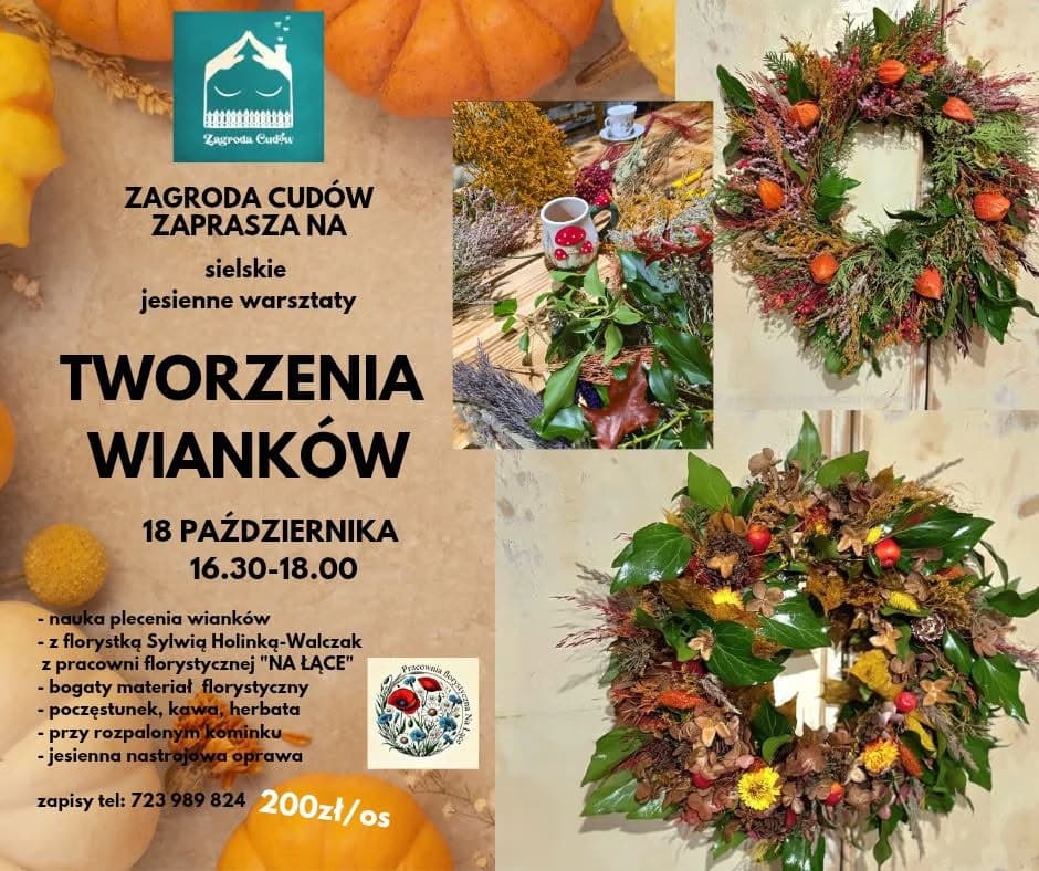 Ein Werbeflyer für einen herbstlichen Kranzbinde-Workshop mit Bildern von Kränzen und Kürbissen.