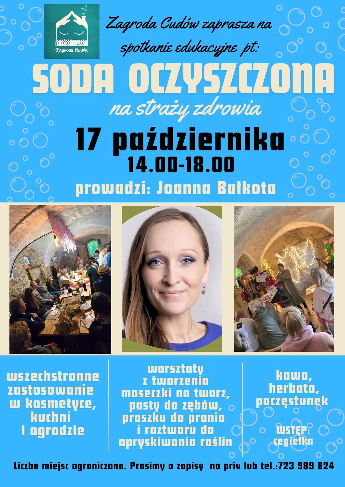 Plakat für einen Workshop über Natronanwendungen mit einem Porträt einer Frau und Veranstaltungsdetails.