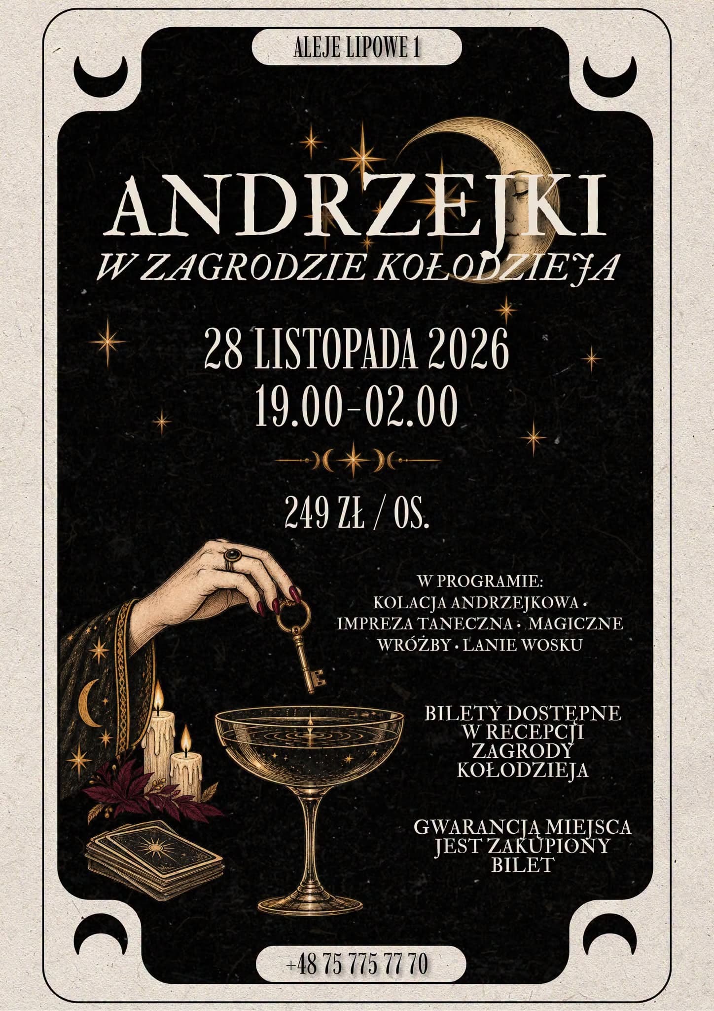 A mystical poster advertises an Andrzejki event with a hand holding a key over a wine glass.