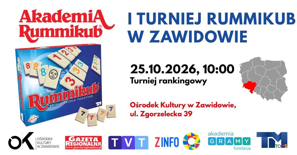Plakát na turnaj v Rummikub v Zawidówě s obrázkem krabice hry a informacemi o akci.