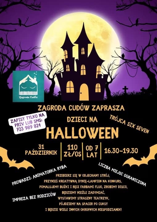 A Halloween event poster features a spooky house silhouette against a large moon and purple background.