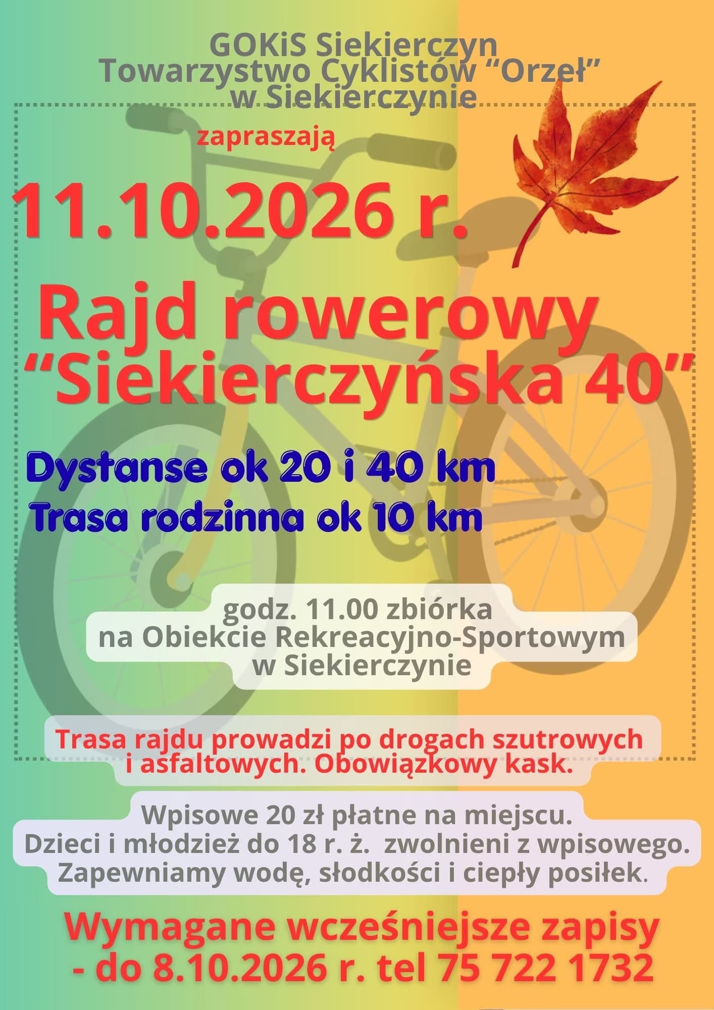 Cycling event poster featuring a bicycle graphic, autumn leaf, and event details in Polish text.