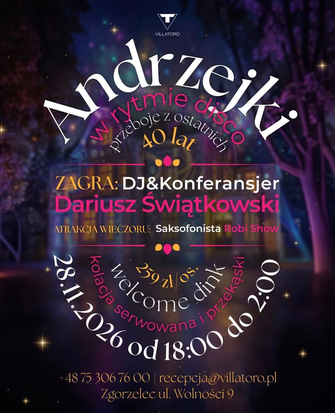 A promotional poster for an Andrzeji dance party event at Villatoro.