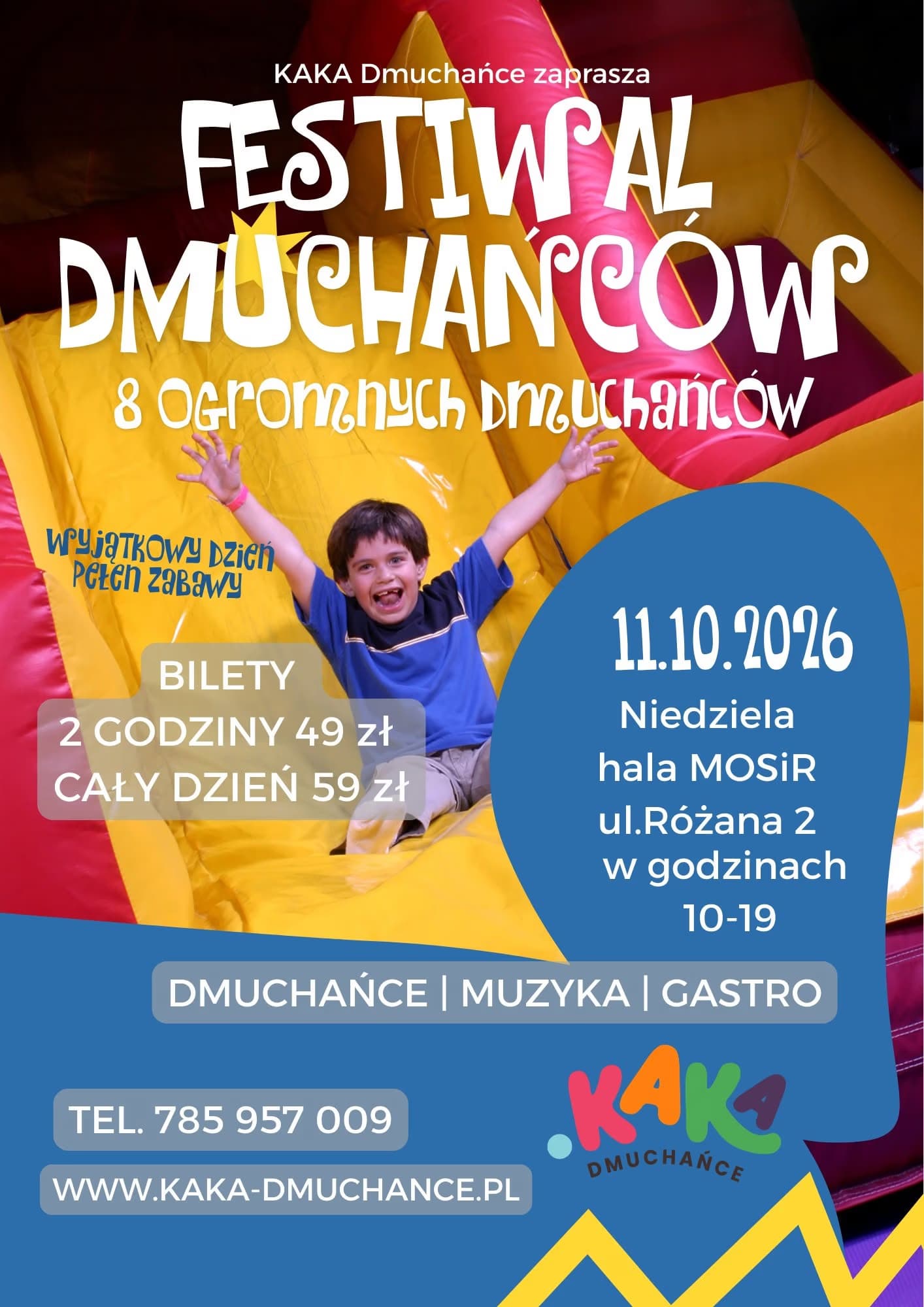 A cheerful boy jumps on a large yellow and pink inflatable castle in this event flyer.
