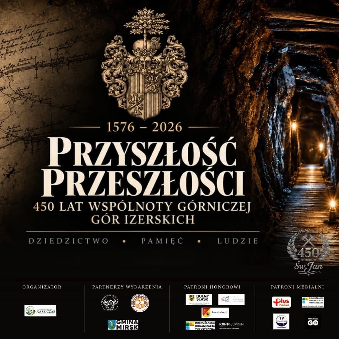 A commemorative poster features a mine tunnel, a heraldic emblem, and text celebrating 450 years of mining history.