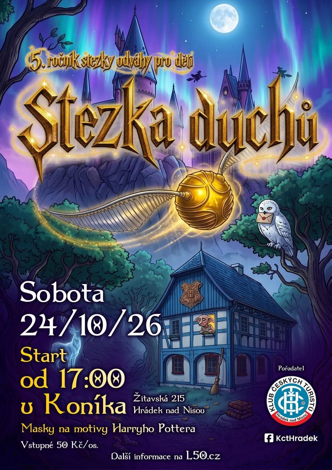 Ein Fantasy-Poster zeigt ein magisches Schloss und einen goldenen Schnatz für ein Harry-Potter-Event.