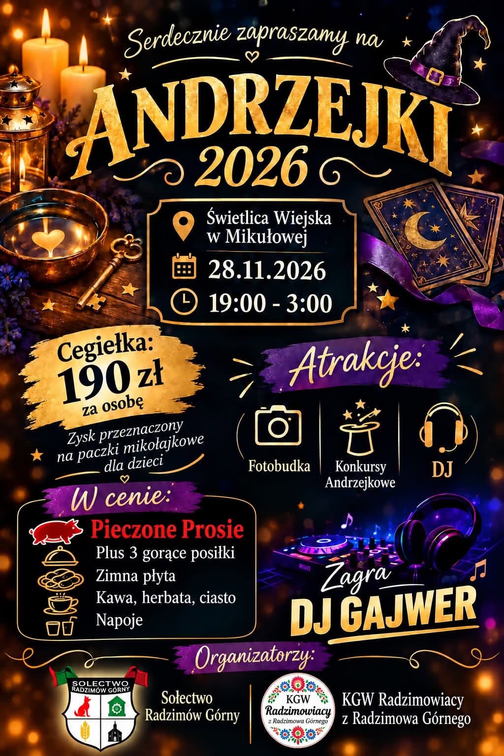 Tmavý, magicky laděný plakát zvoucí na oslavu svátku svatého Ondřeje v Mikułové.