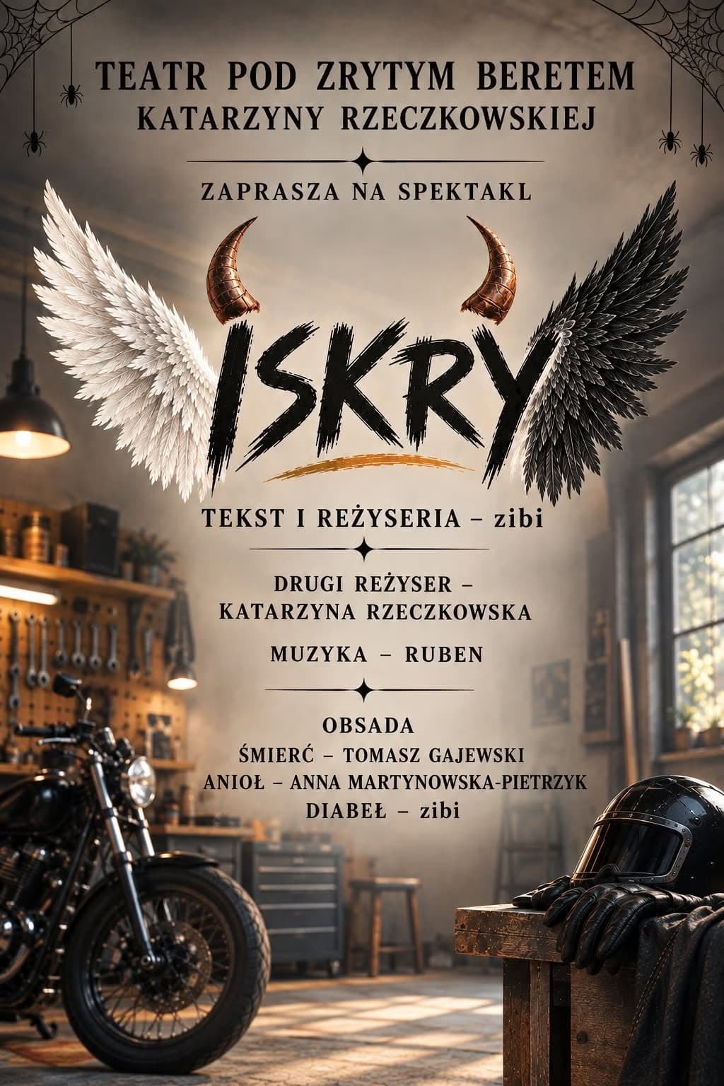 Ein Theaterplakat mit Flügeln und Hörnern über dem Titel Iskry vor dem Hintergrund einer Motorradwerkstatt.
