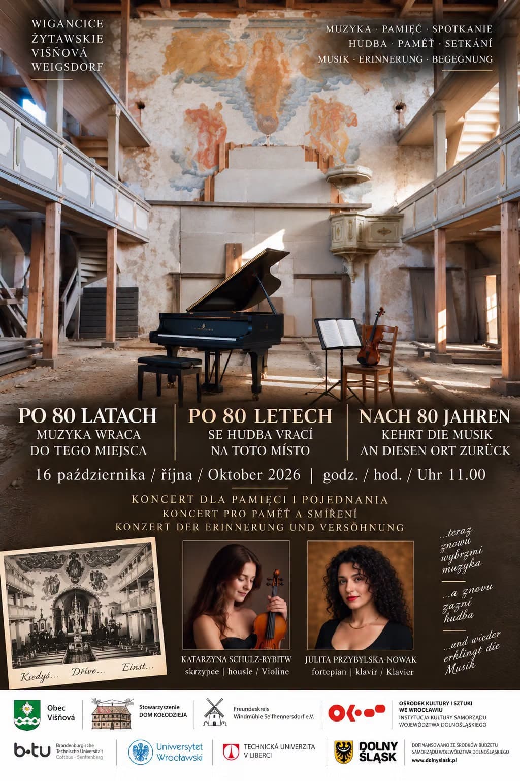 A grand piano and violin stand inside an old, weathered church interior with concert event text.