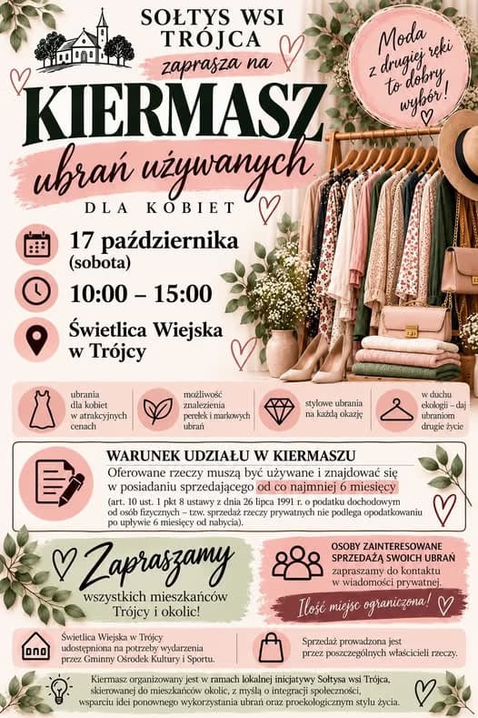 Ein Plakat für einen Second-Hand-Kleidermarkt für Frauen in Trójca mit Datum, Uhrzeit und Veranstaltungsort.