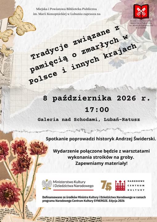 Plakát na kulturní setkání o tradicích vzpomínek na zesnulé, zdobený papírem a květinami.