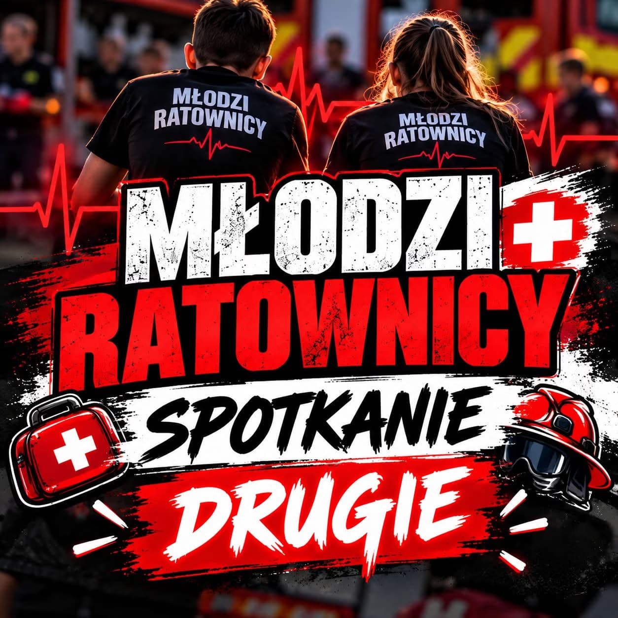 Grafika pro setkání mladých záchranářů s motivem dvou osob v uniformách a červenými symboly.