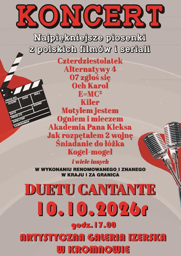 Plakát na koncert Duet Cantante s písněmi z polských filmů, 10. října v Kromnowě.