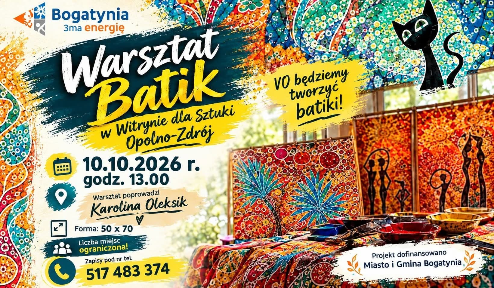 Barevný propagační plakát na batikový workshop s ukázkami textilního umění a informacemi o události.