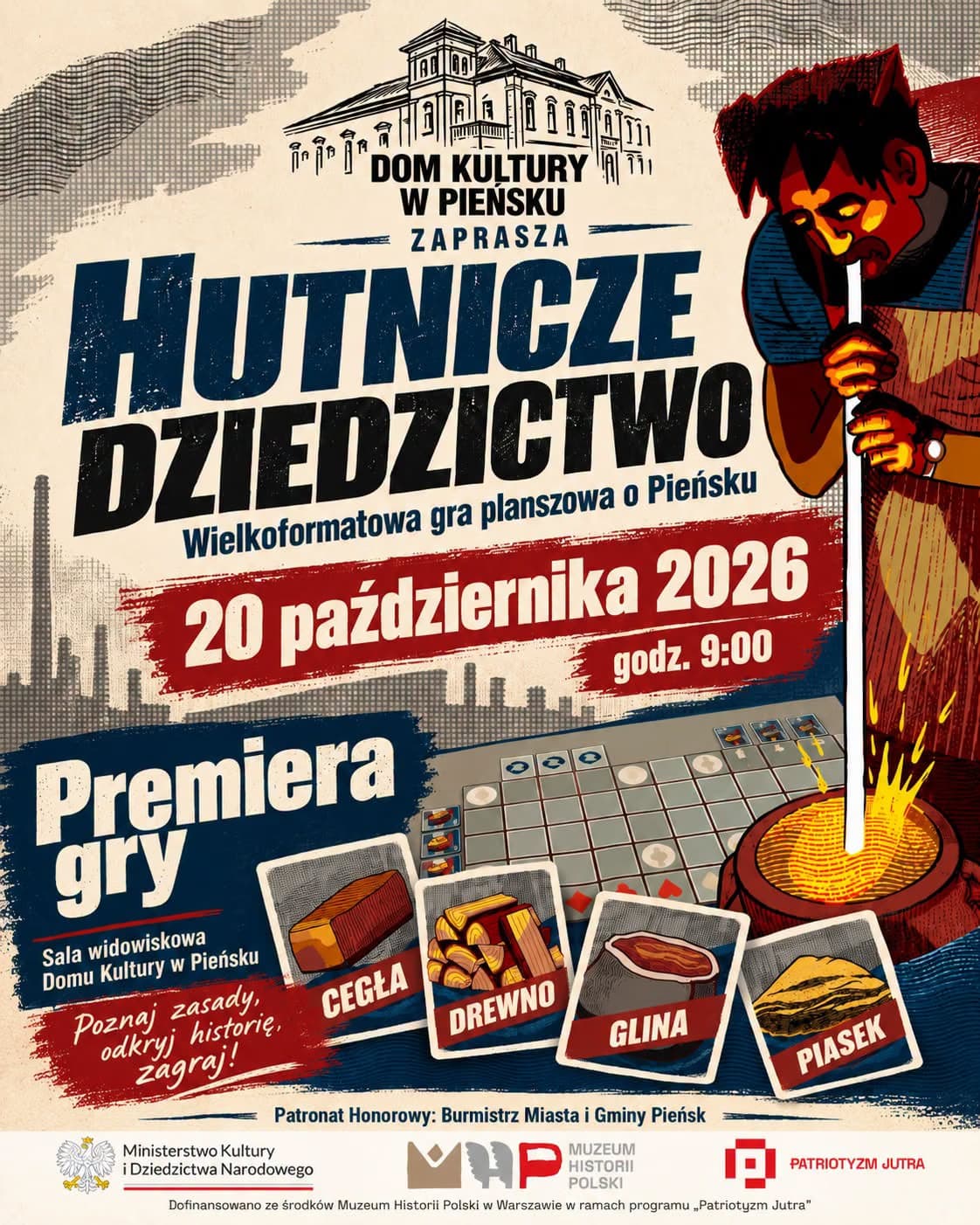 Grafický plakát s ilustrací skláře, herními kartami a textem oznamujícím premiéru deskové hry v Pieńsku.
