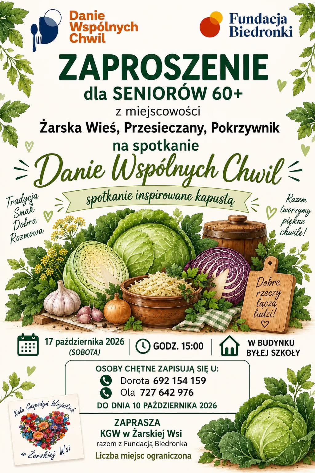 Pozvánka na setkání seniorů s motivem zelí v budově bývalé školy.