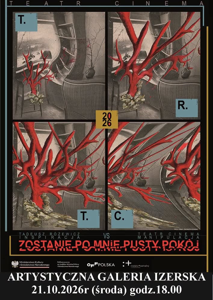 Surrealistická koláž červených korálových struktur v tmavé místnosti s textem propagujícím divadelní akci.