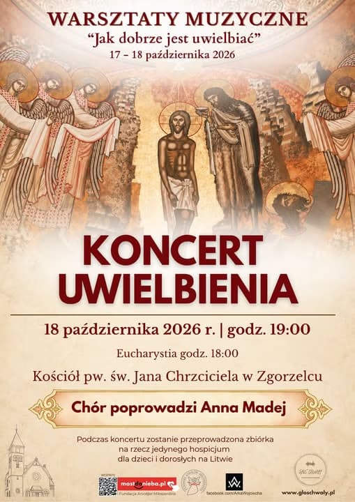 Flyer für einen religiösen Musikworkshop und Konzert mit einer Darstellung der Taufe Christi.