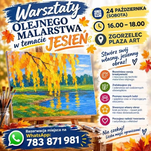 Kolorowy plakat zapraszający na warsztaty malarstwa olejnego o tematyce jesiennej z informacjami o wydarzeniu.