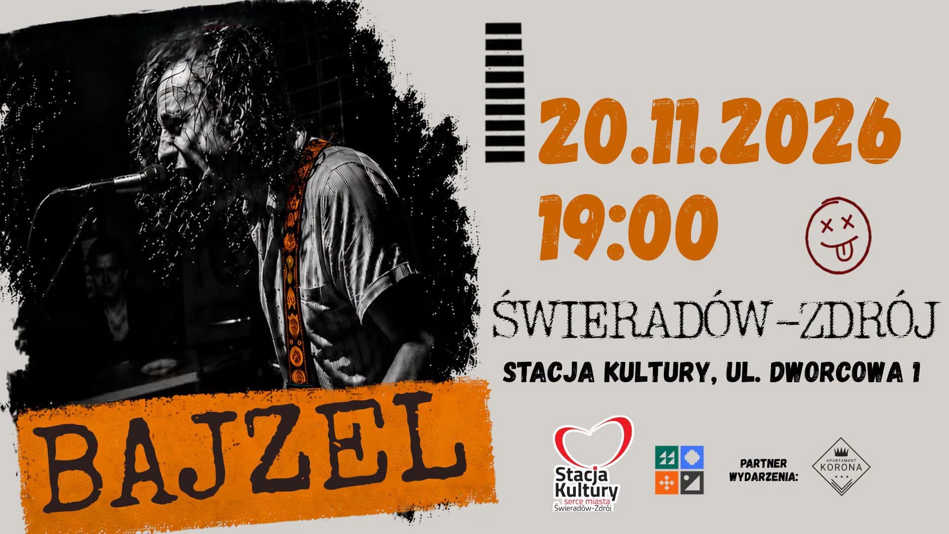 Plakat koncertowy muzyka Bajzla z datą, godziną oraz miejscem wydarzenia w Świeradowie-Zdroju.