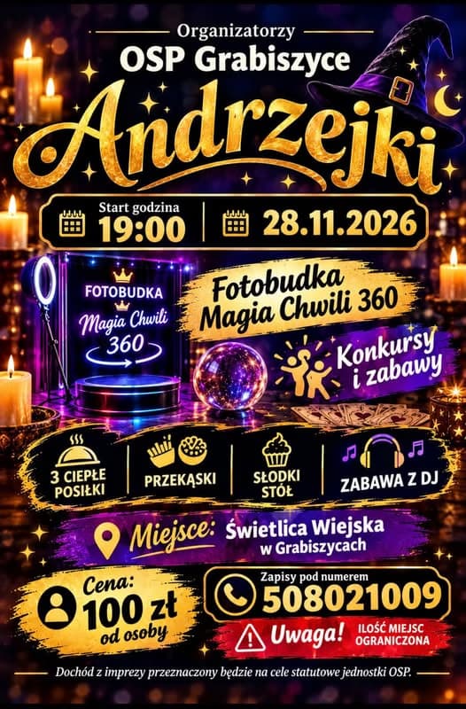 Ciemny plakat w magicznym stylu zapraszający na imprezę andrzejkową ze złotymi napisami.