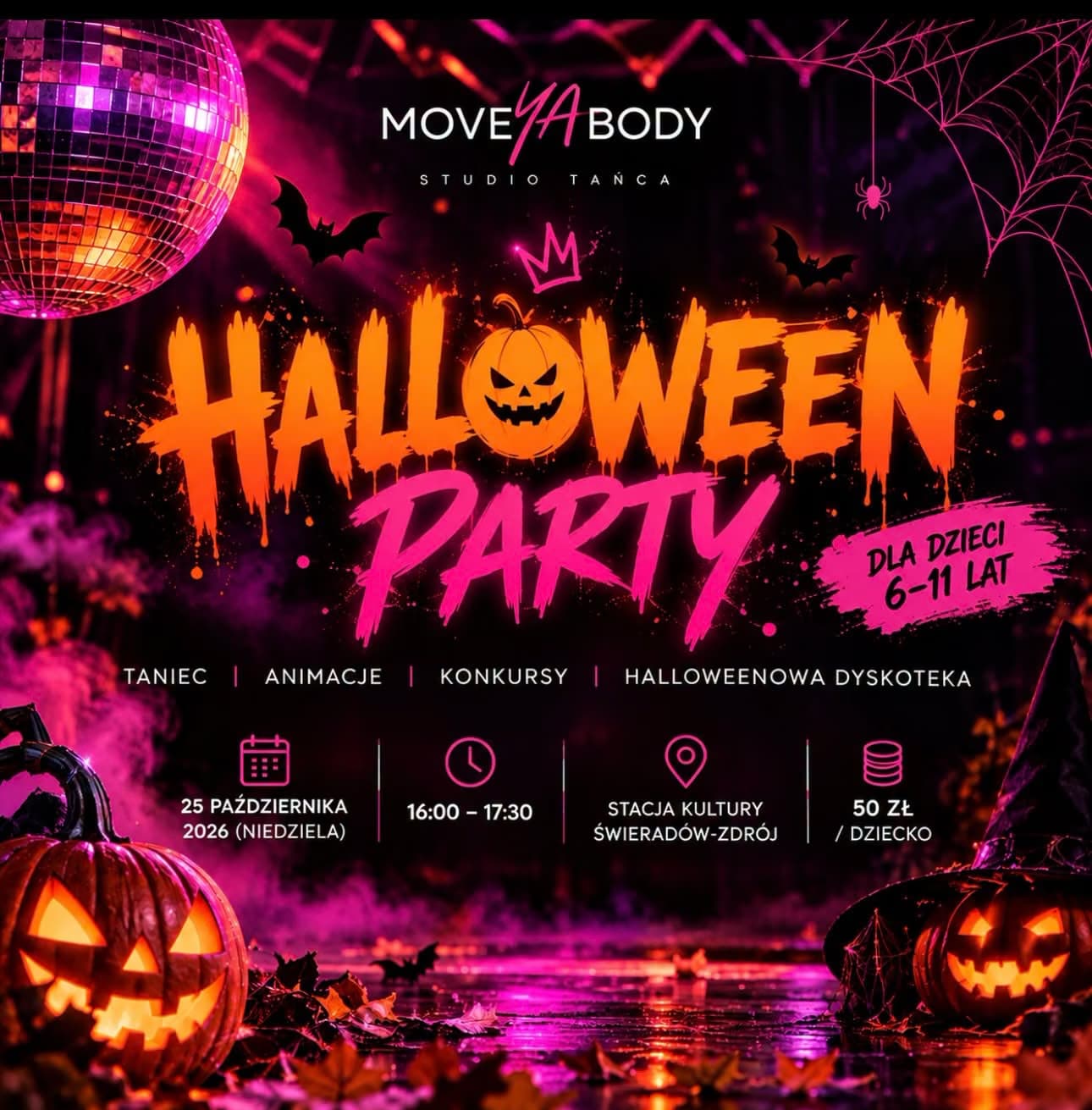 Plakat imprezy halloweenowej z wyciętymi dyniami, kulą dyskotekową i tekstem na ciemnym tle.