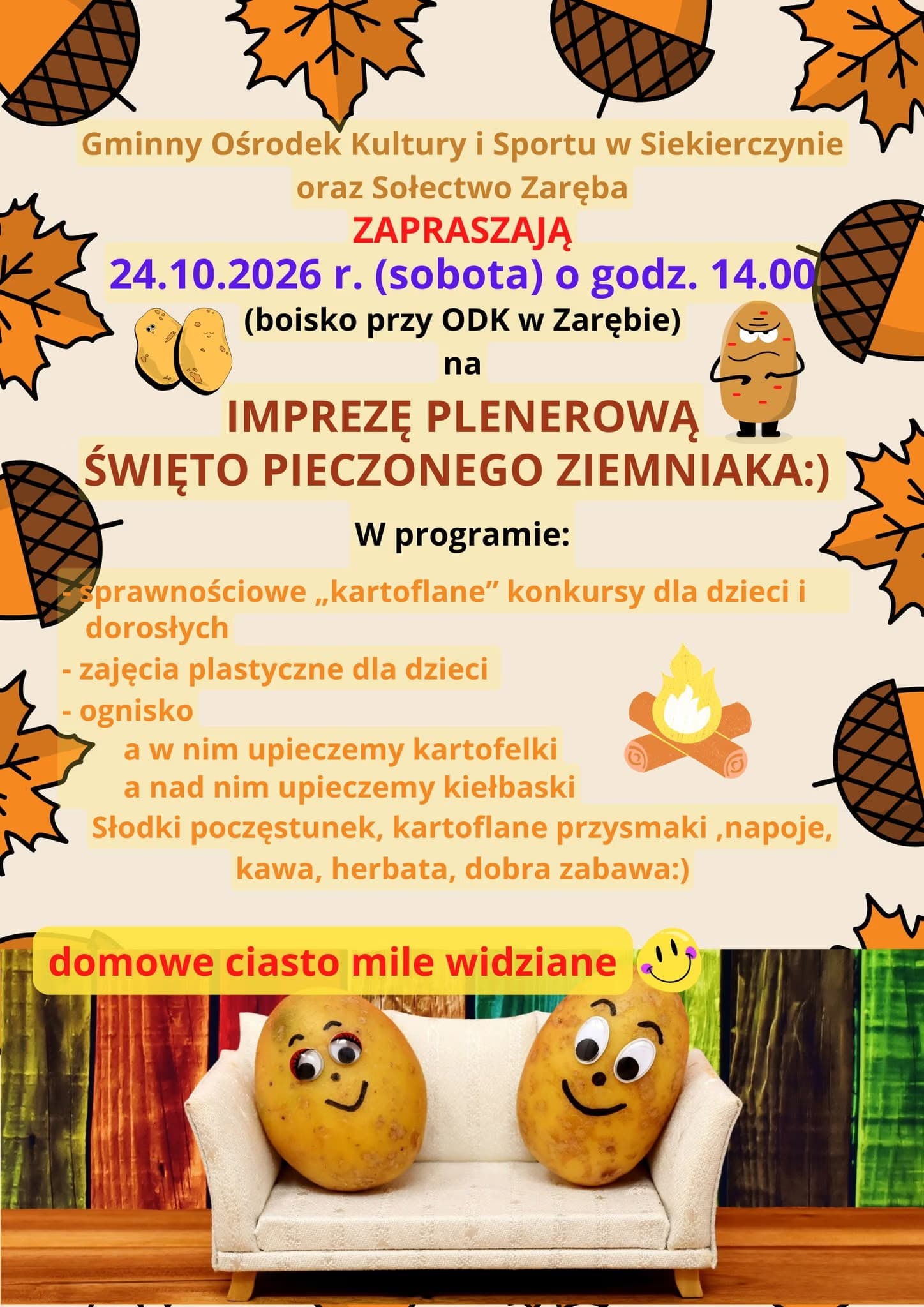 Plakat promocyjny święta pieczonego ziemniaka z jesiennymi liśćmi i rysunkowymi postaciami ziemniaków.