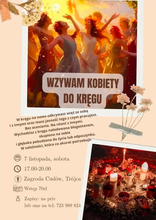 Plakat zapraszający na krąg kobiet z fotografiami tańczących kobiet i płonących świec.