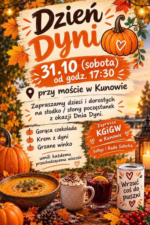 Event poster for Pumpkin Day featuring festive autumn decorations, pumpkin soup, and hot drinks.