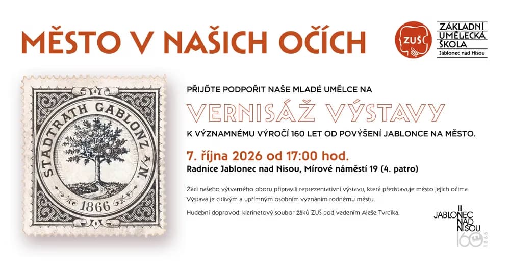 Event poster features a historic stamp illustration and text announcing an exhibition in Jablonec.