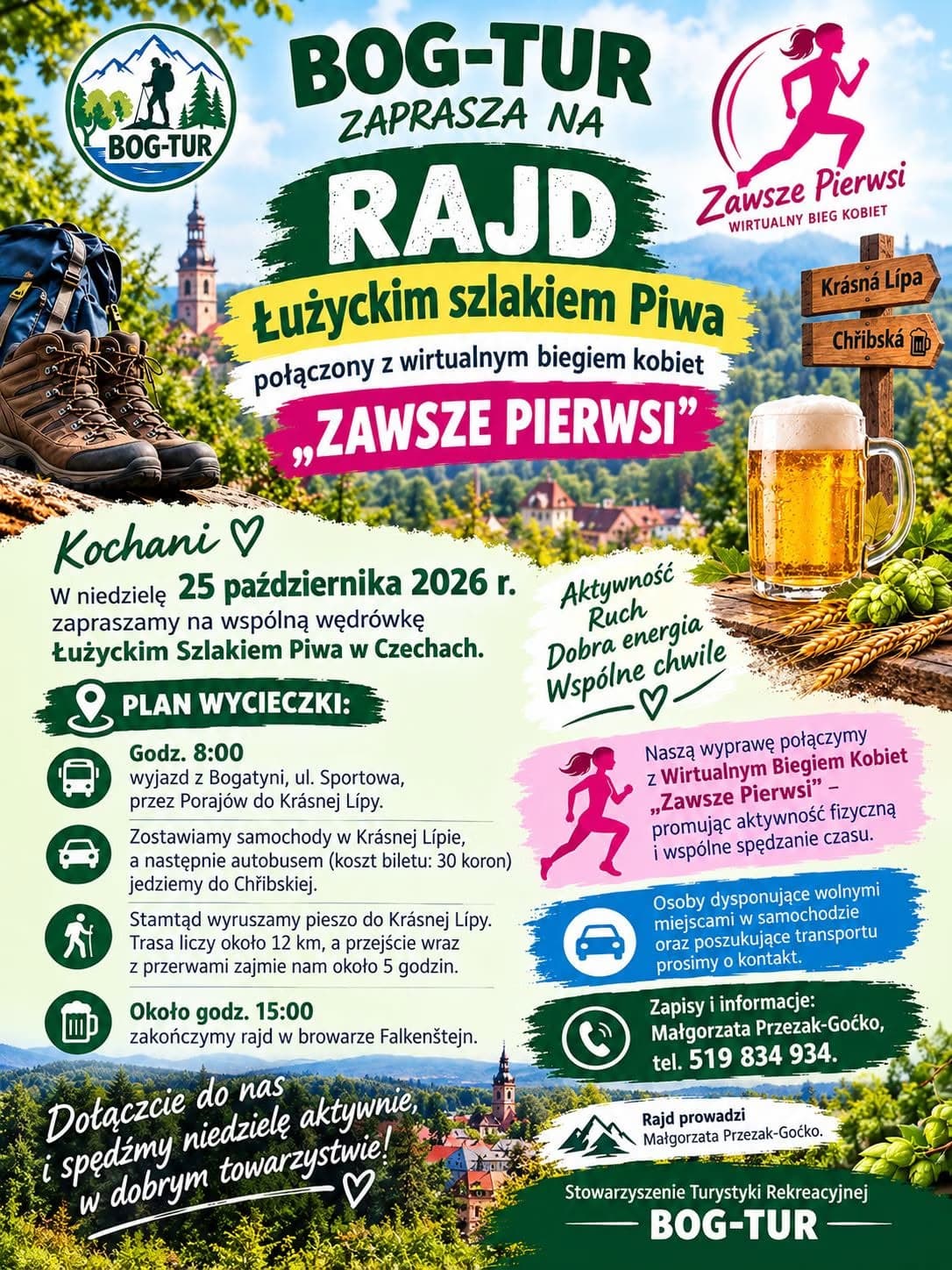 Event poster advertising a hiking trip on the Lusatian Beer Trail and a virtual women's run.