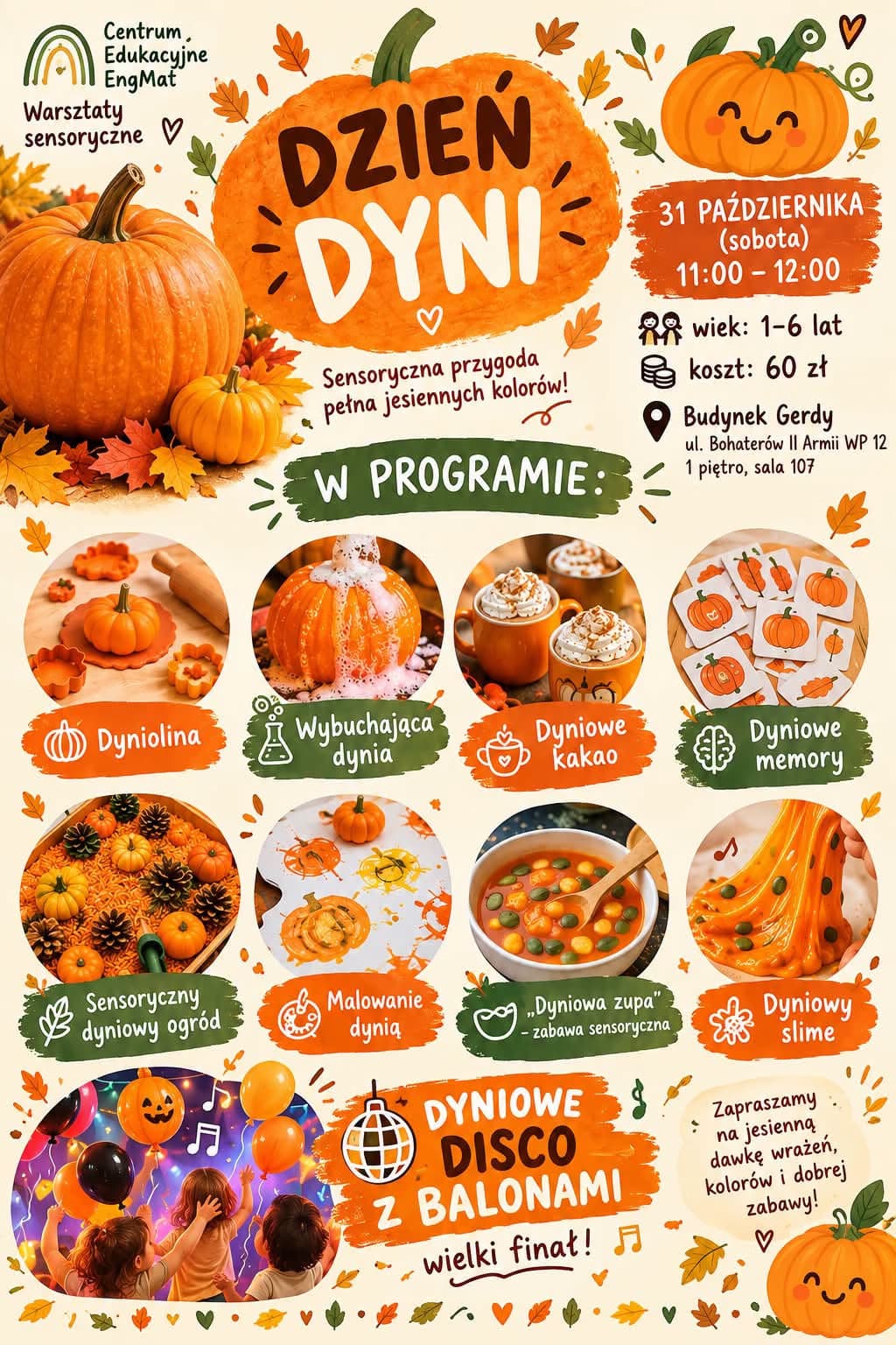 Barevný letáček na dětskou akci Den dýní s ilustracemi dýní a podrobnými informacemi o workshopu.