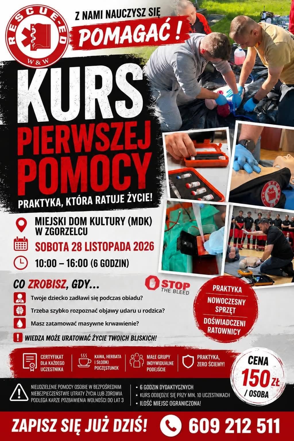 Propagační plakát na kurz první pomoci ve Zgorzelci s fotografiemi ze zdravotnického školení.