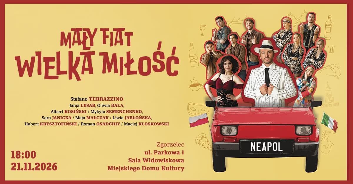 Propagační plakát akce Maly Fiat Wielka Milosc s umělci v červeném autě značky Fiat.