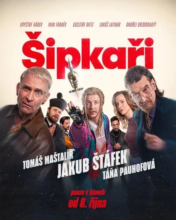 Movie poster for the film Sipkari showing multiple actors and a flying dart on a white background.